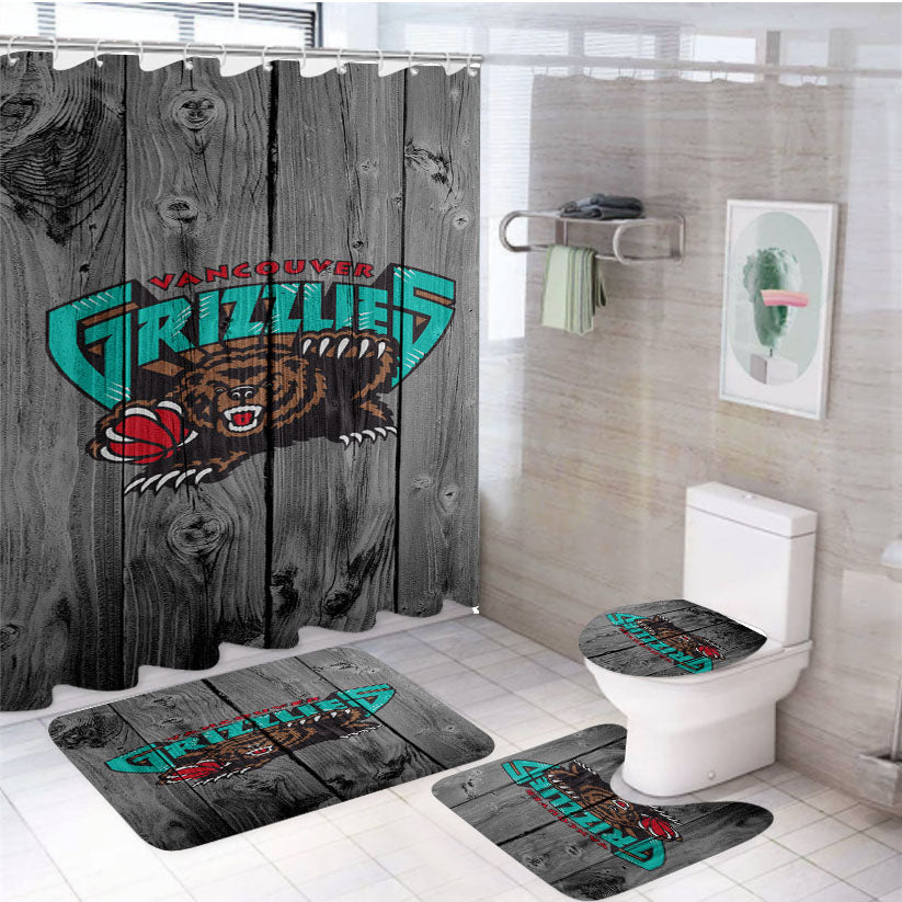 Vancouver Grizzlies Nba Logo Dark Wood Wallpaper 4Pcs Bathroom Set Shower Curtain