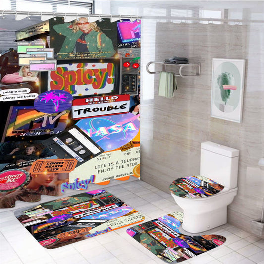 Vhs 80S Vintage Collage Pattern 4Pcs Bathroom Set Shower Curtain