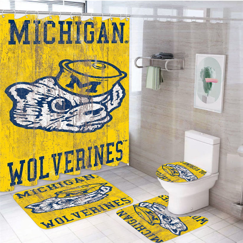 Vintage Michigan Wolverines Team Logo 4Pcs Bathroom Set Shower Curtain