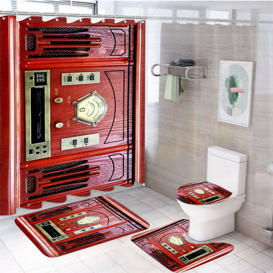 Vintage Retro Red Radio 4Pcs Bathroom Set Shower Curtain