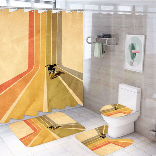 Vintage Skateboard On Colorful Stipe Runway 4Pcs Bathroom Set Shower Curtain