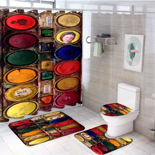 Vintage Water Color Palette 4Pcs Bathroom Set Shower Curtain