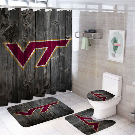 Virginia Tech University Logo Dark Wood Wallpaper 4Pcs Bathroom Set Shower Curtain