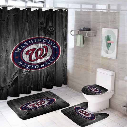 Washington Nationals Mlb Logo Dark Wood Wallpaper 4Pcs Bathroom Set Shower Curtain
