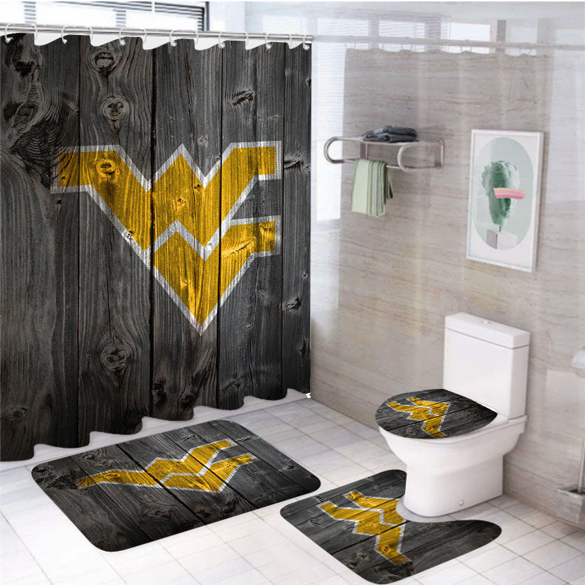 West Virginia Yellow Logo Dark Wood Wallpaper 4Pcs Bathroom Set Shower Curtain