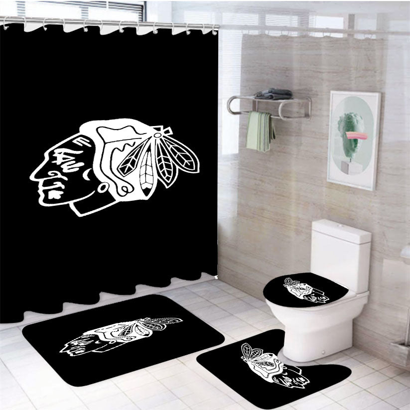 White Black Chicago Blackhawks Logo 4Pcs Bathroom Set Shower Curtain
