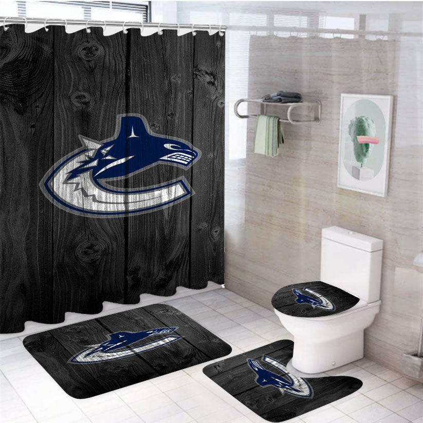 White Vancouver Canucks Nhl Logo Dark Wood Wallpaper 4Pcs Bathroom Set Shower Curtain