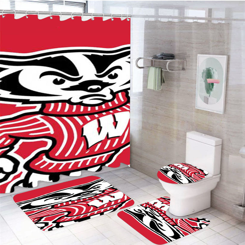 Wisconsin Badgers Logo Red 4Pcs Bathroom Set Shower Curtain