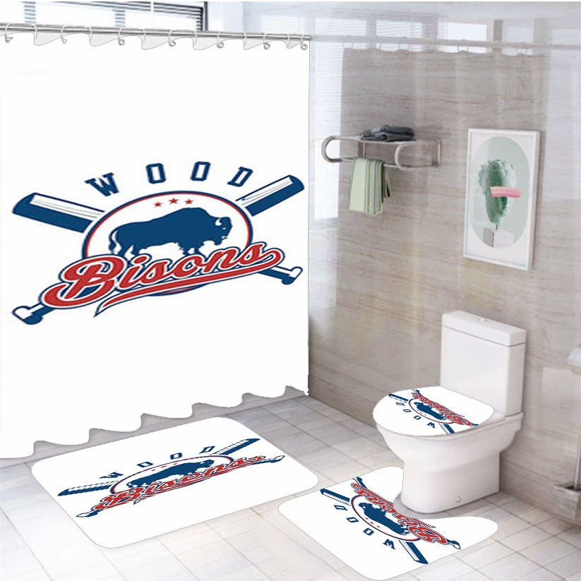Wood Bisons Baseball Loogo White 4Pcs Bathroom Set Shower Curtain
