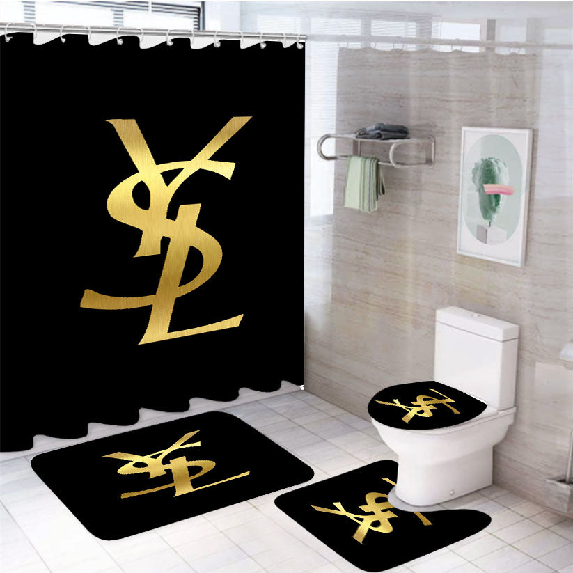 Yves Saint Laurent Ysl Black Gold Logo 4Pcs Bathroom Set Shower Curtain