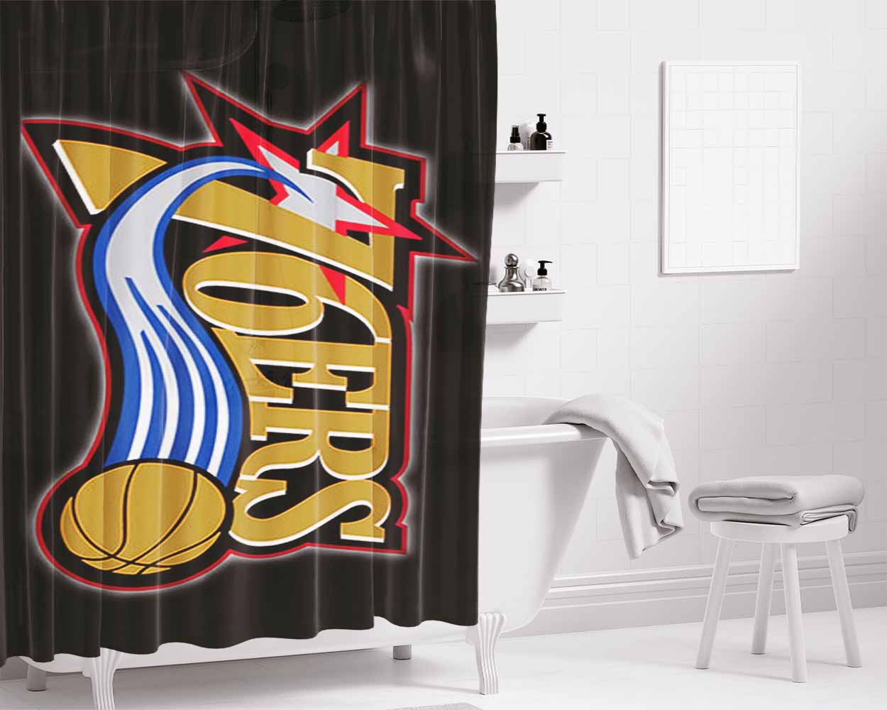 76Ers Logo On Red Bathroom Shower Curtain Fabric Waterproof | 66 X 72 Inch