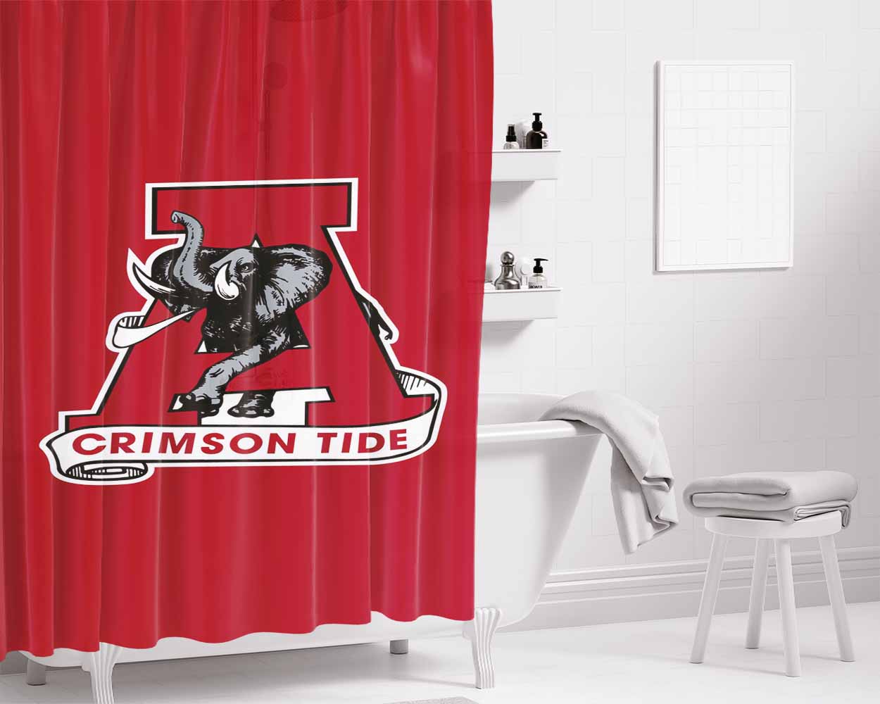 Alabama Crimson Tide Wallpaper Bathroom Shower Curtain Fabric Waterproof | 66 X 72 Inch