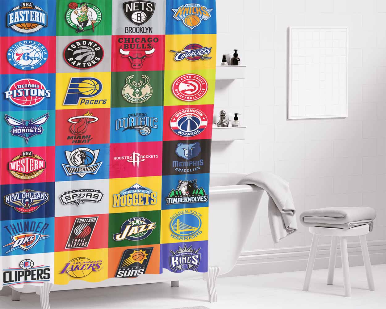 All Nba Team Logos Collage Bathroom Shower Curtain Fabric Waterproof | 66 X 72 Inch