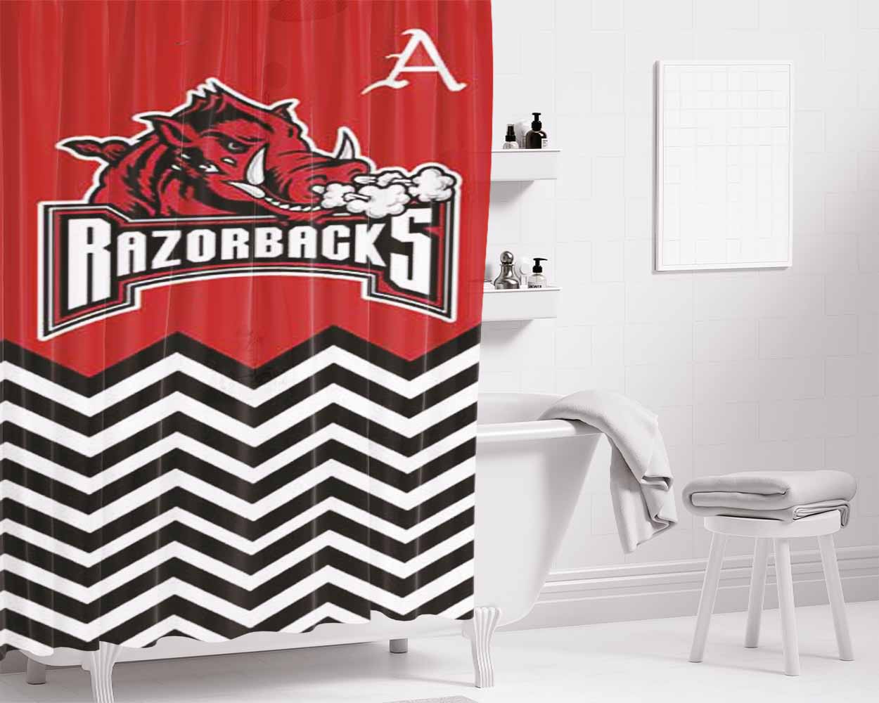 Arkansas Razorbacks Chevron Bathroom Shower Curtain Fabric Waterproof | 66 X 72 Inch