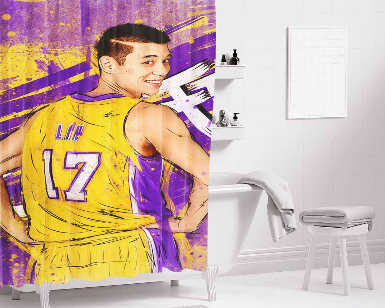 Asia Player Nba Lakers Jeremy Lin Bathroom Shower Curtain Fabric Waterproof | 66 X 72 Inch