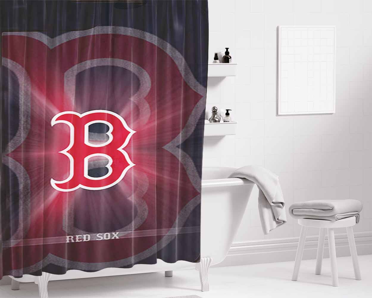 B Red Sox Bathroom Shower Curtain Fabric Waterproof | 66 X 72 Inch