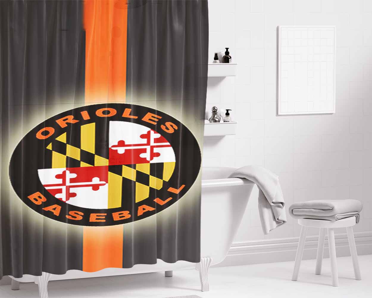 Baseball Orioles Bathroom Shower Curtain Fabric Waterproof | 66 X 72 Inch