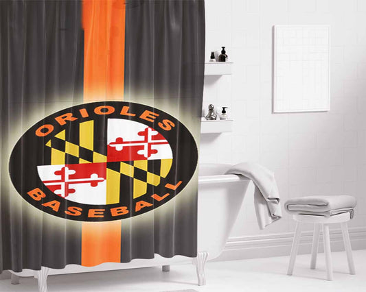 Baseball Orioles Bathroom Shower Curtain Fabric Waterproof | 66 X 72 Inch