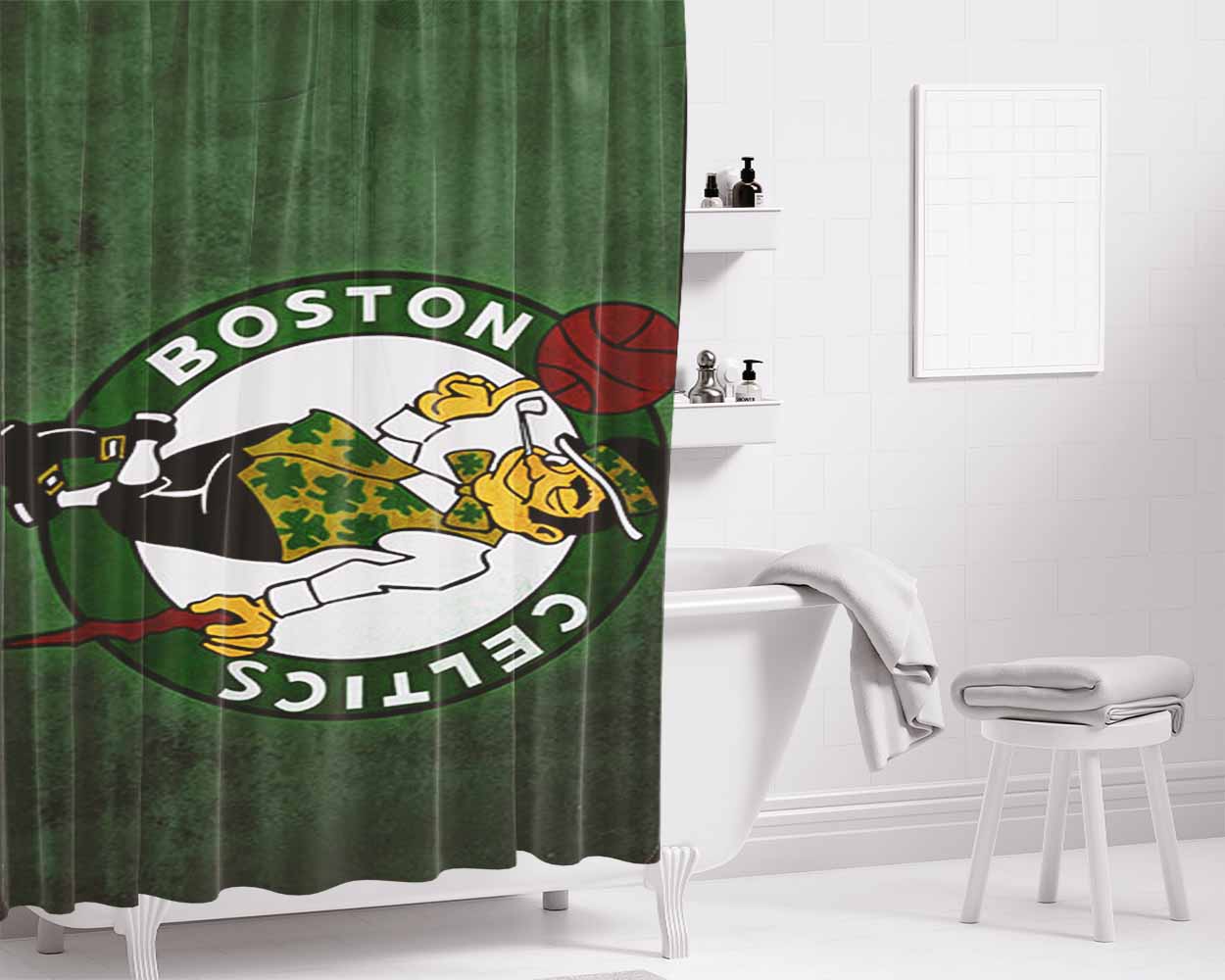 Basket Ball Boston Celtic Bathroom Shower Curtain Fabric Waterproof | 66 X 72 Inch