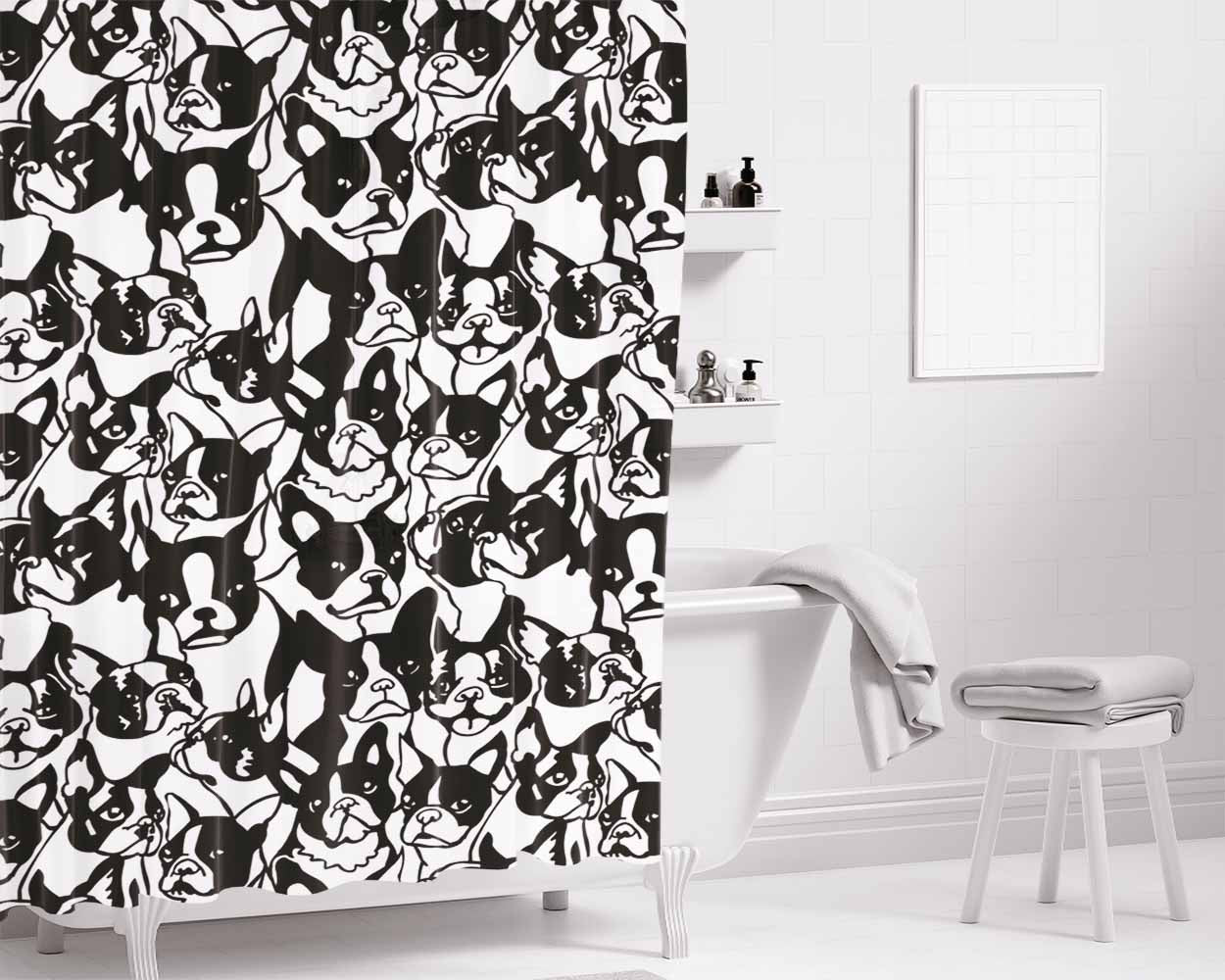 Black White Boston Terrier Pattern Bathroom Shower Curtain Fabric Waterproof | 66 X 72 Inch