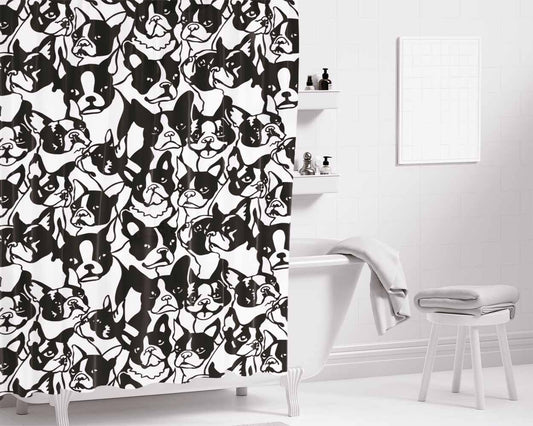 Black White Boston Terrier Pattern Bathroom Shower Curtain Fabric Waterproof | 66 X 72 Inch