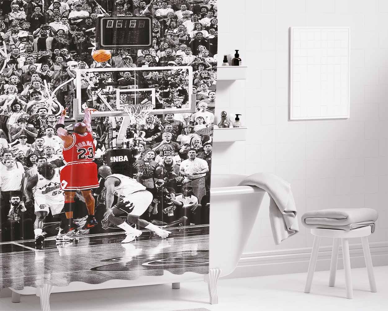 Black White Michael Jordan Last Shot Bathroom Shower Curtain Fabric Waterproof | 66 X 72 Inch