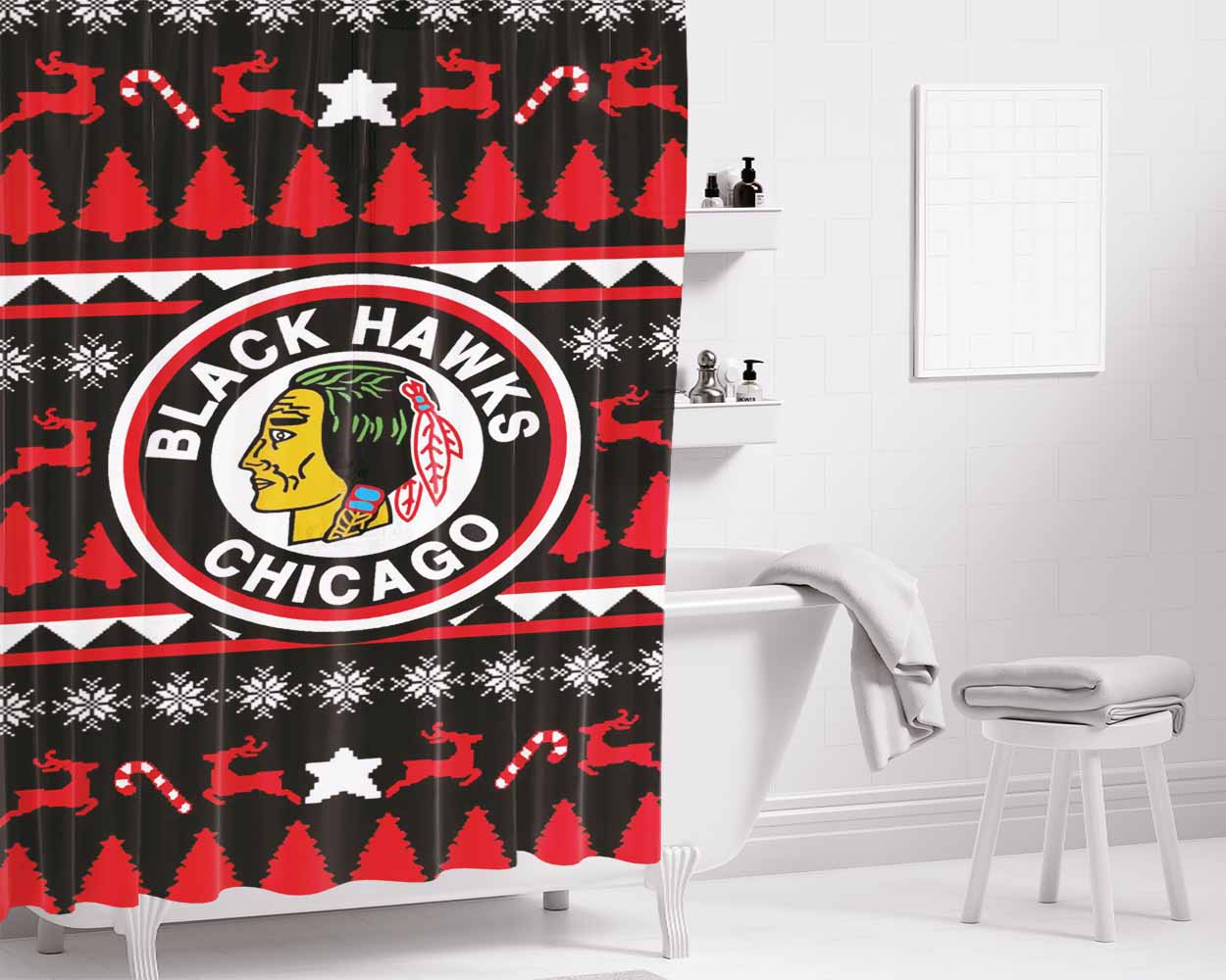 Blackhawks Chicago Christmas Winter Sweater Bathroom Shower Curtain Fabric Waterproof | 66 X 72 Inch