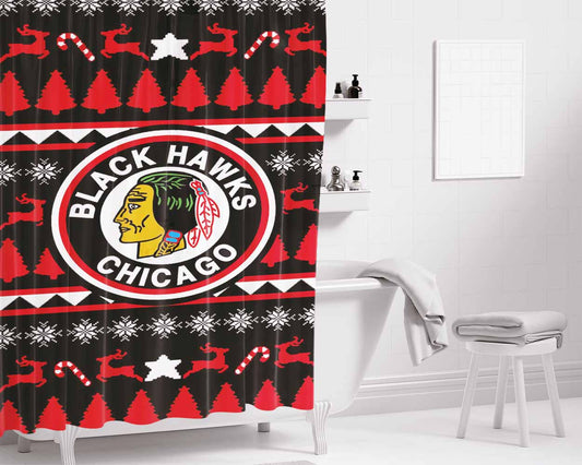 Blackhawks Chicago Christmas Winter Sweater Bathroom Shower Curtain Fabric Waterproof | 66 X 72 Inch