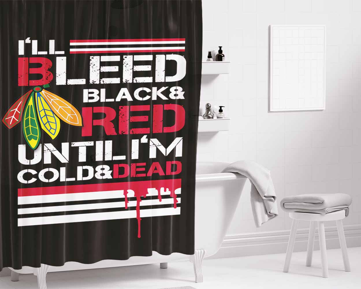 Bleed Black And Red Chicago Blackhawks Bathroom Shower Curtain Fabric Waterproof | 66 X 72 Inch