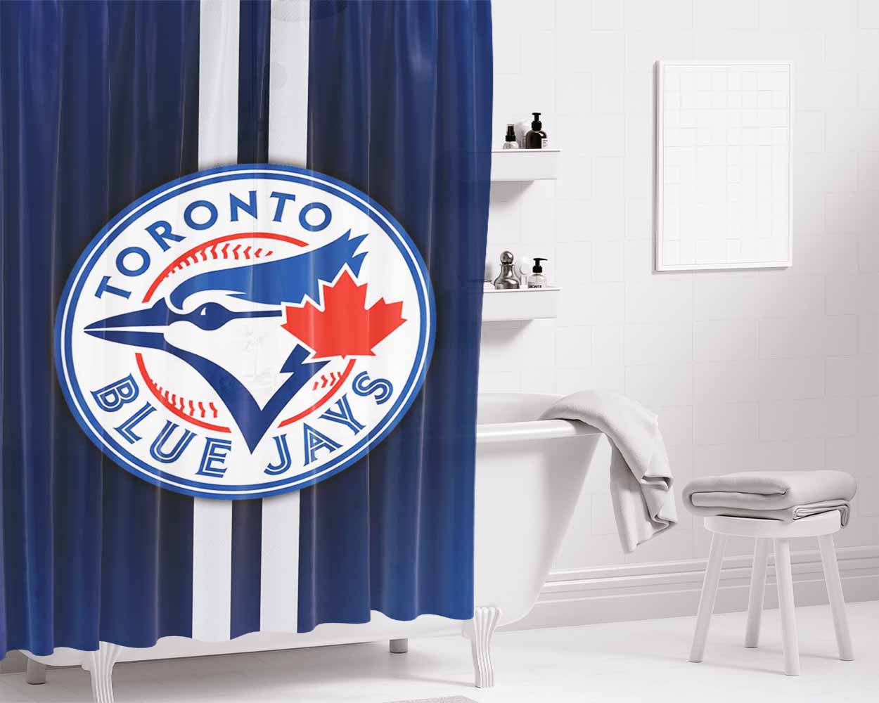 Blue Jays Logo And Stripes Bathroom Shower Curtain Fabric Waterproof | 66 X 72 Inch