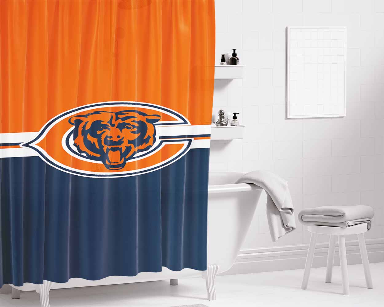 Blue Orange Chicago Bears Bathroom Shower Curtain Fabric Waterproof | 66 X 72 Inch