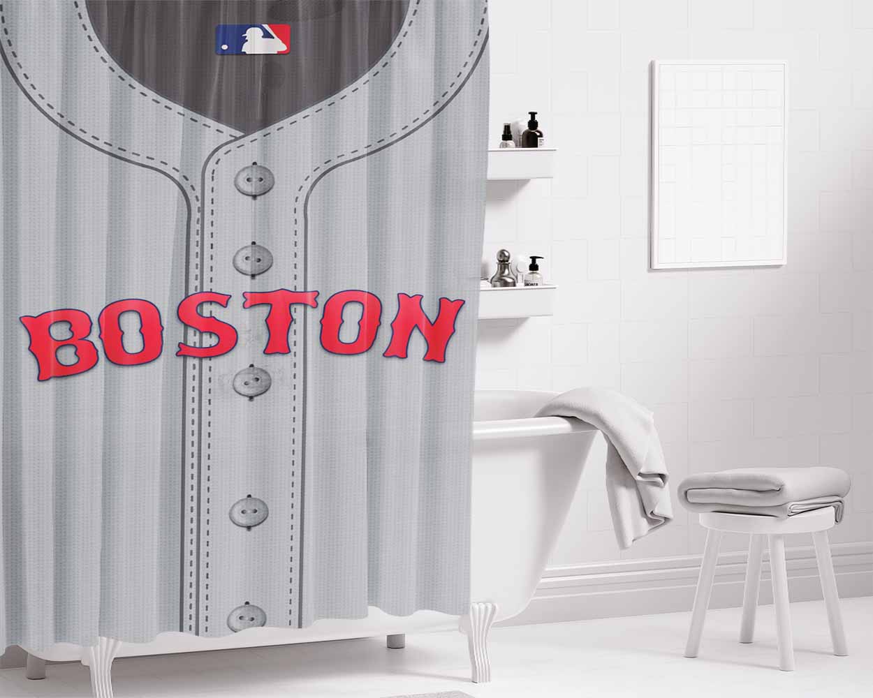 Boston Baseball Uniform Bathroom Shower Curtain Fabric Waterproof | 66 X 72 Inch