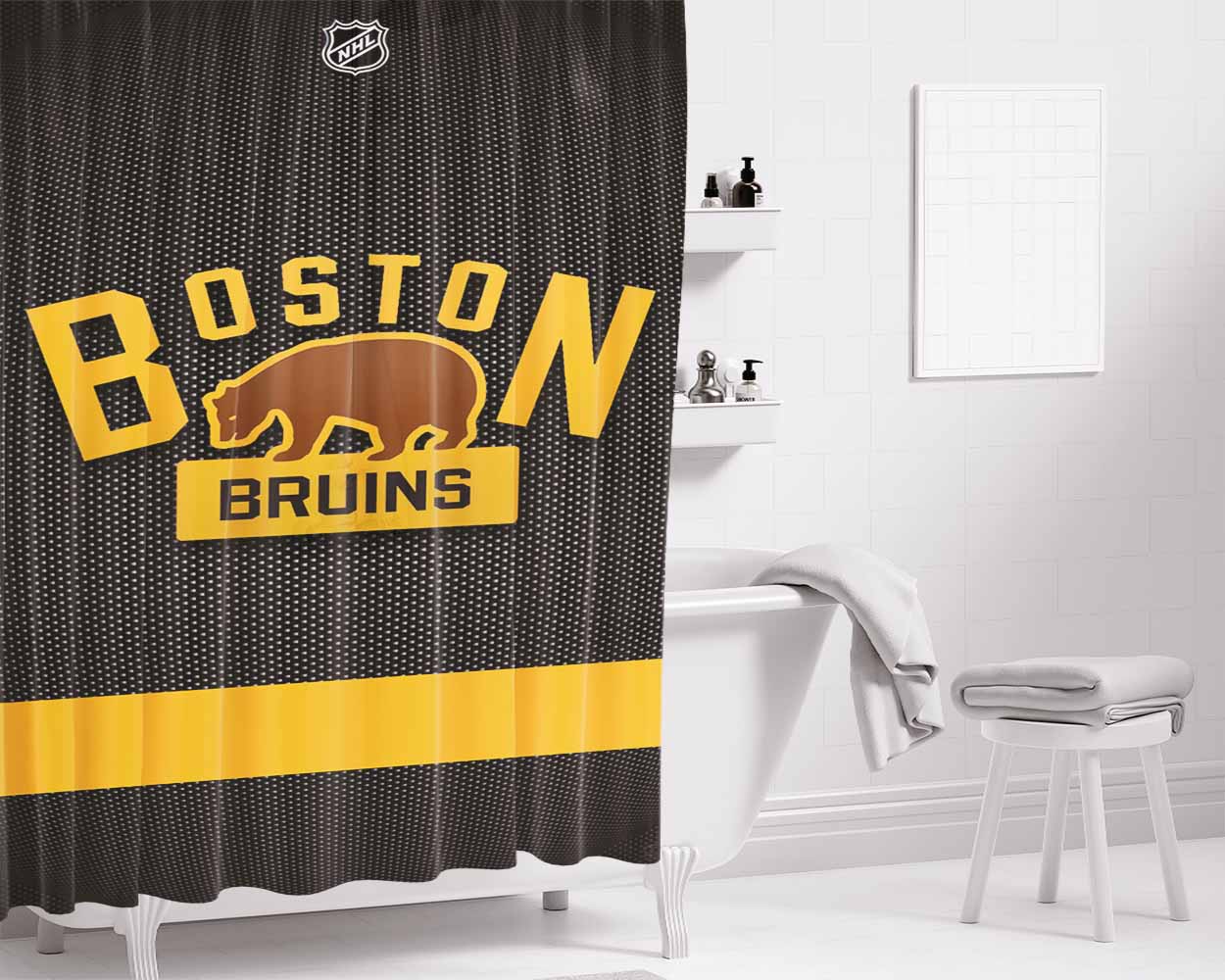 Boston Bruins Bear Bathroom Shower Curtain Fabric Waterproof | 66 X 72 Inch