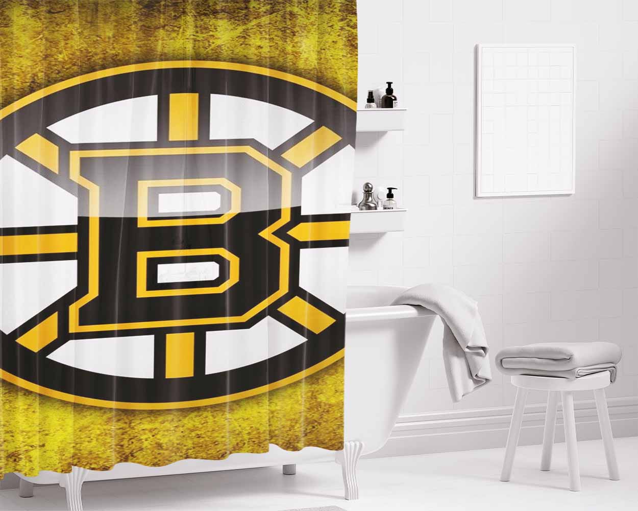 Boston Bruins Logo Image Bathroom Shower Curtain Fabric Waterproof | 66 X 72 Inch