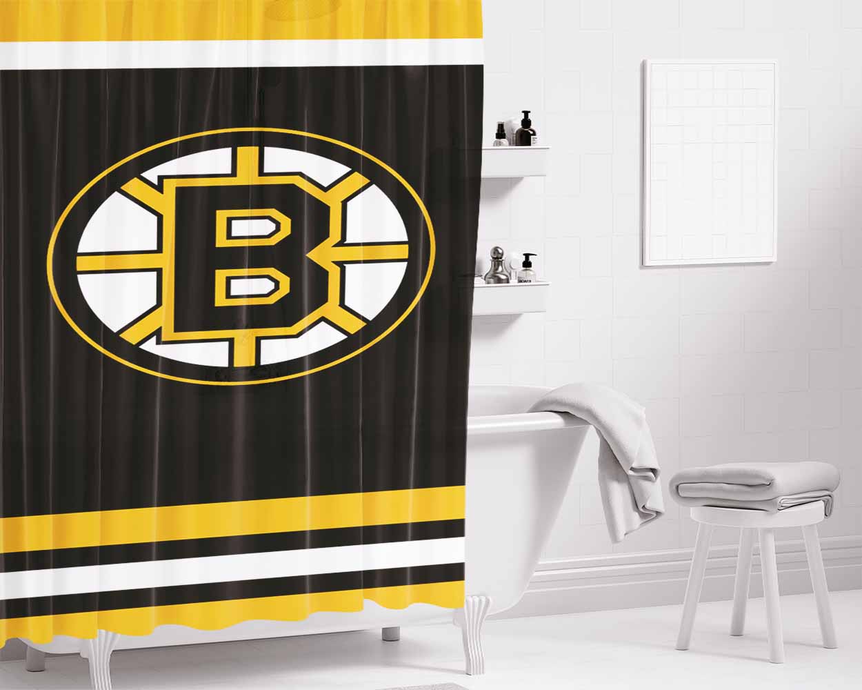 Boston Bruins Wallpaper Bathroom Shower Curtain Fabric Waterproof | 66 X 72 Inch