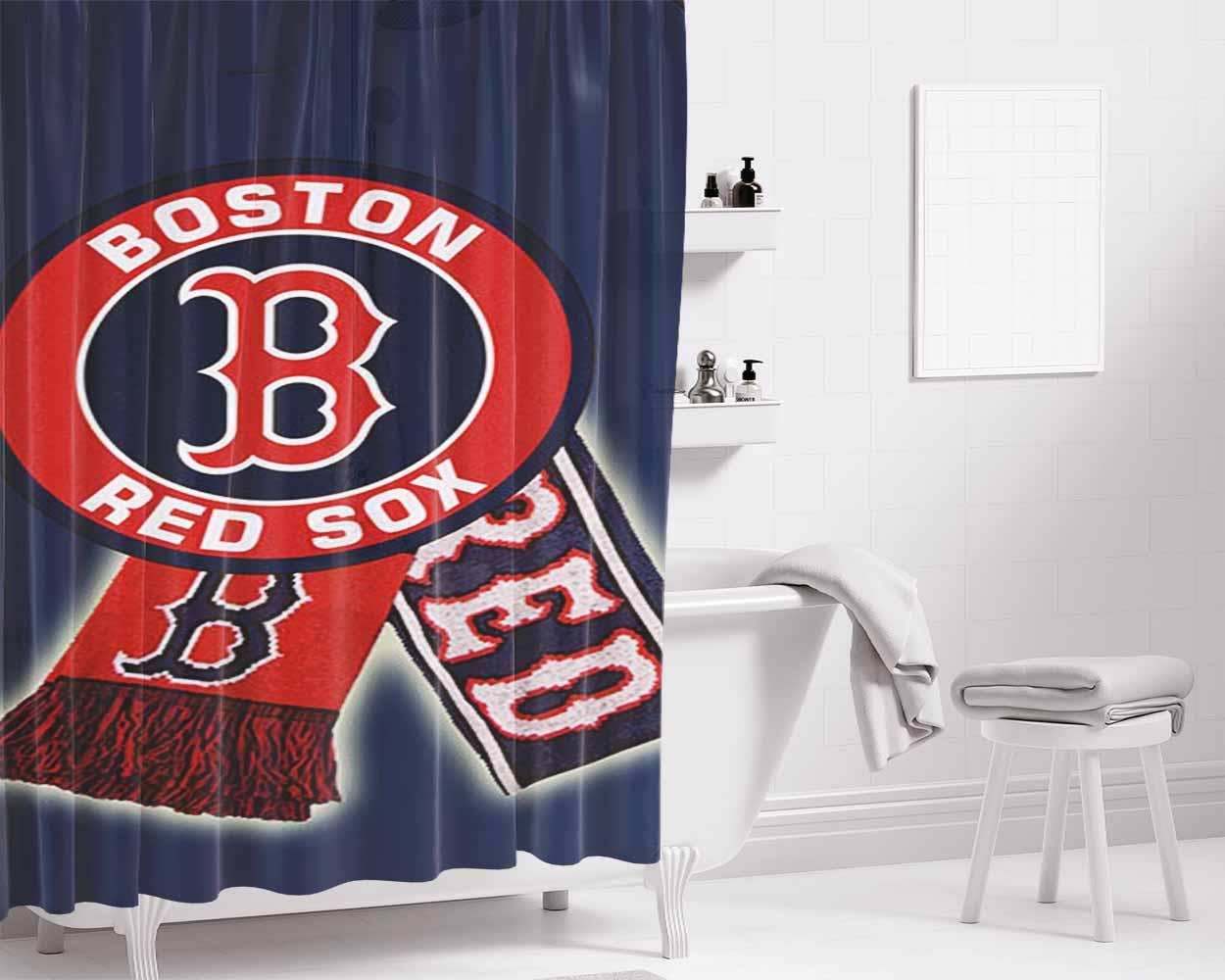 Boston Red Bathroom Shower Curtain Fabric Waterproof | 66 X 72 Inch