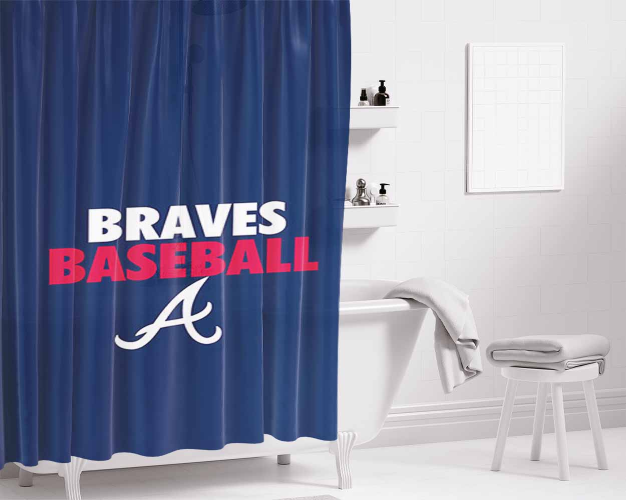 Braves Baseball Bathroom Shower Curtain Fabric Waterproof | 66 X 72 Inch