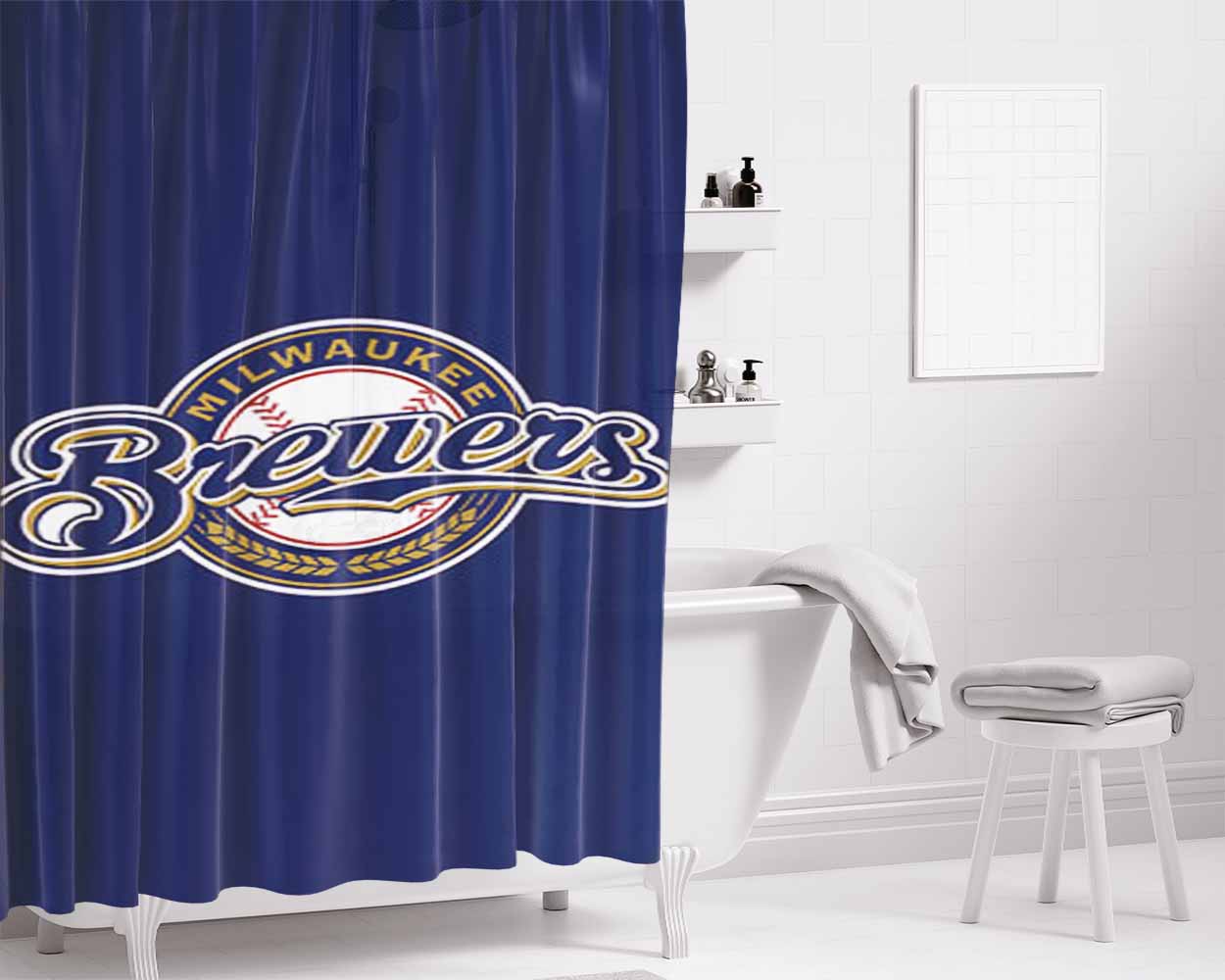 Brewers Baseball Logo Blue Bathroom Shower Curtain Fabric Waterproof | 66 X 72 Inch