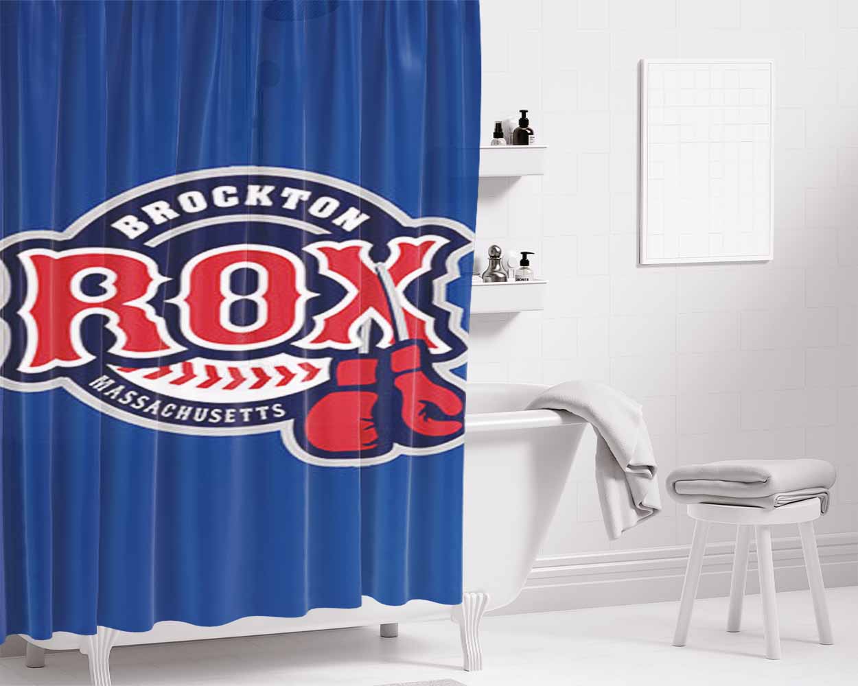 Brocton Rox Baseball Logo Blue Bathroom Shower Curtain Fabric Waterproof | 66 X 72 Inch
