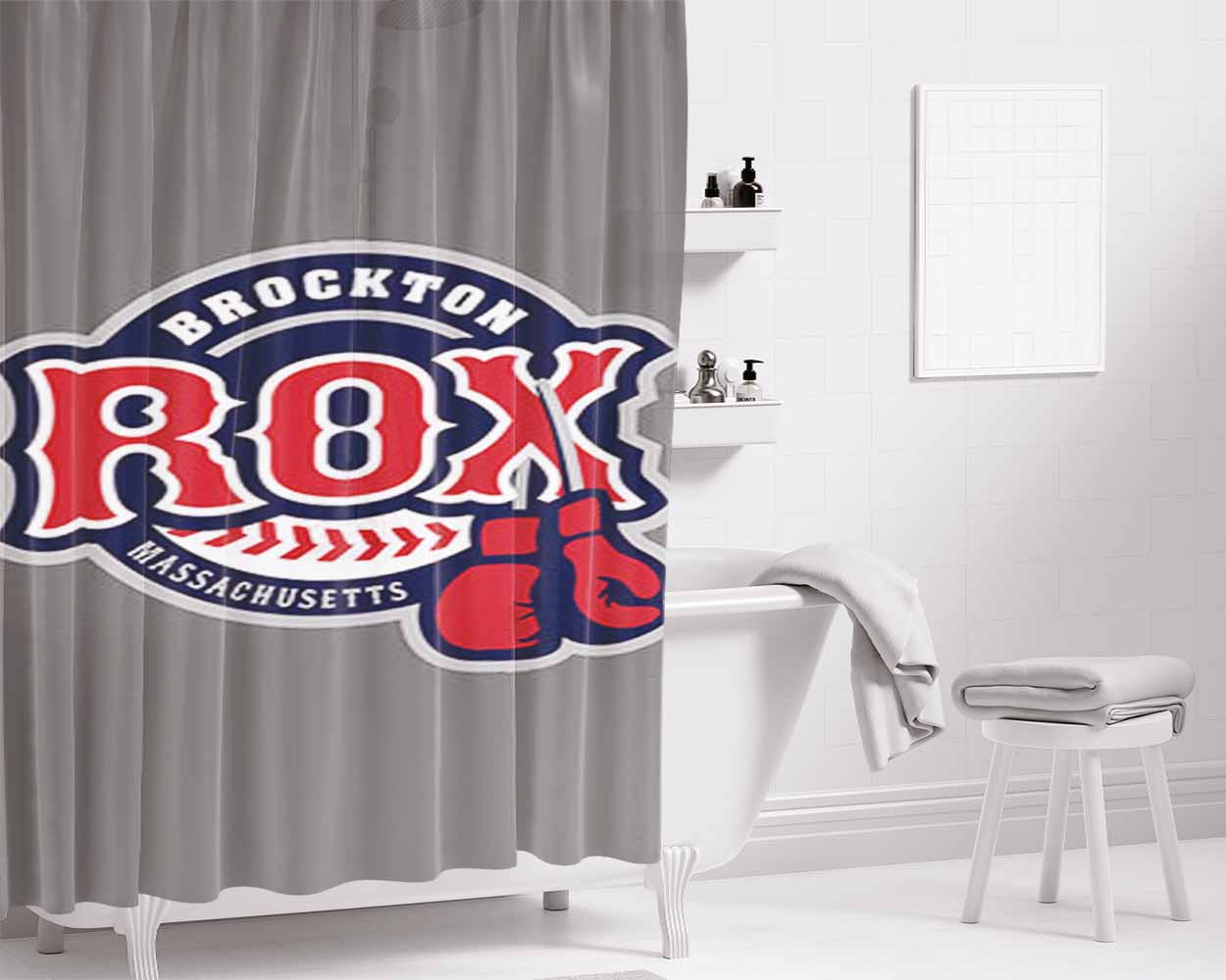 Brocton Rox Baseball Logo Gray Bathroom Shower Curtain Fabric Waterproof | 66 X 72 Inch