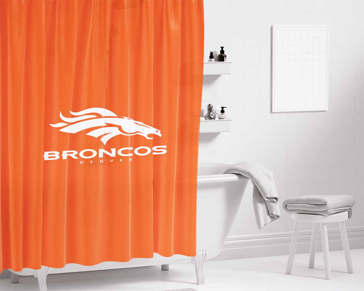 Broncos Denver White Bathroom Shower Curtain Fabric Waterproof | 66 X 72 Inch