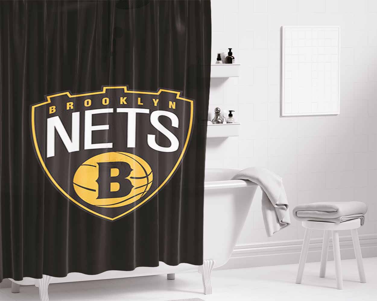 Brooklyn Nets B Nets Bathroom Shower Curtain Fabric Waterproof | 66 X 72 Inch