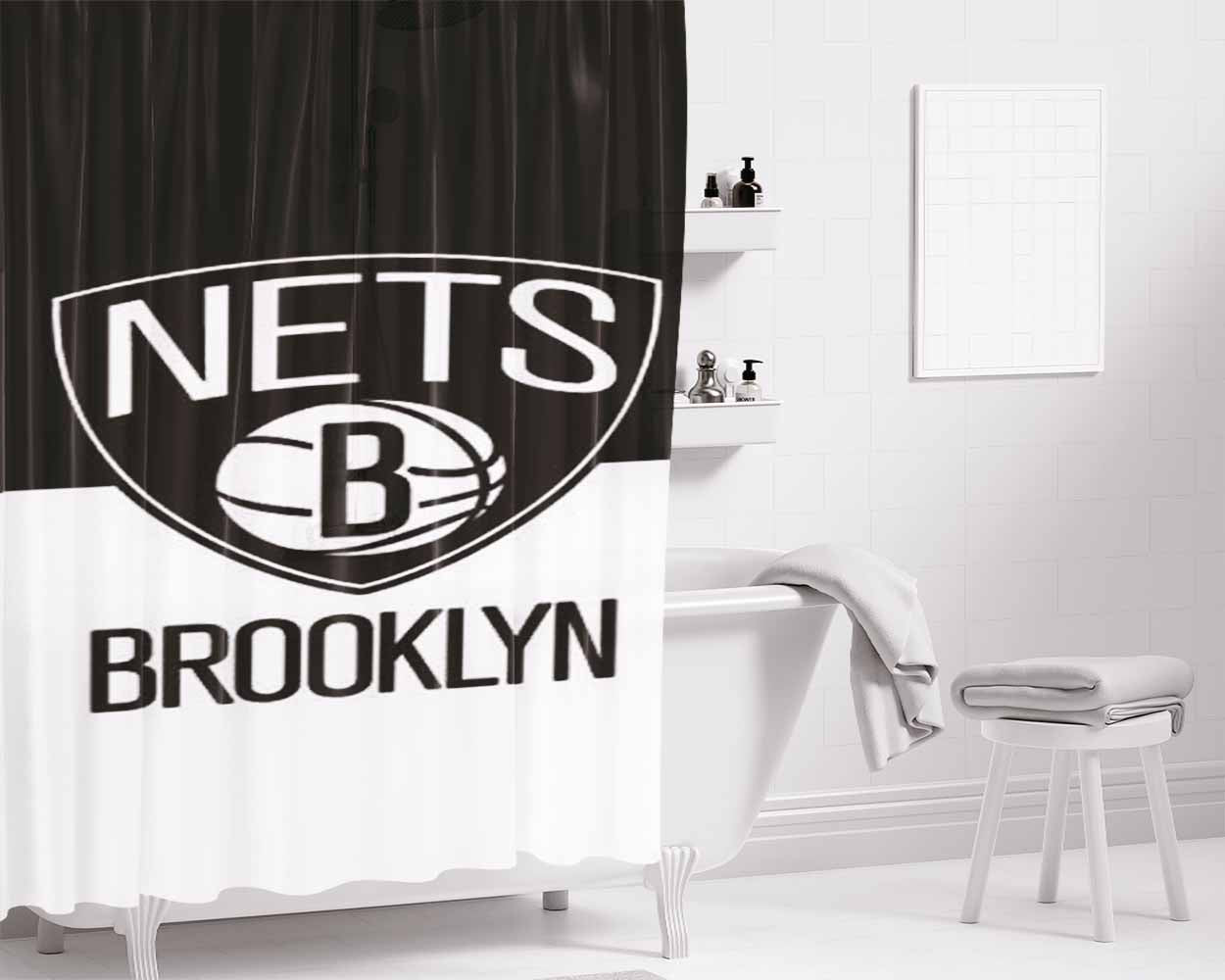 Brooklyn Nets Bw Logo-Split Bathroom Shower Curtain Fabric Waterproof | 66 X 72 Inch
