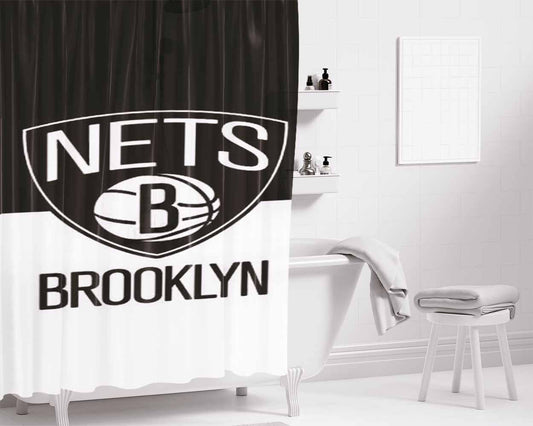 Brooklyn Nets Bw Logo-Split Bathroom Shower Curtain Fabric Waterproof | 66 X 72 Inch