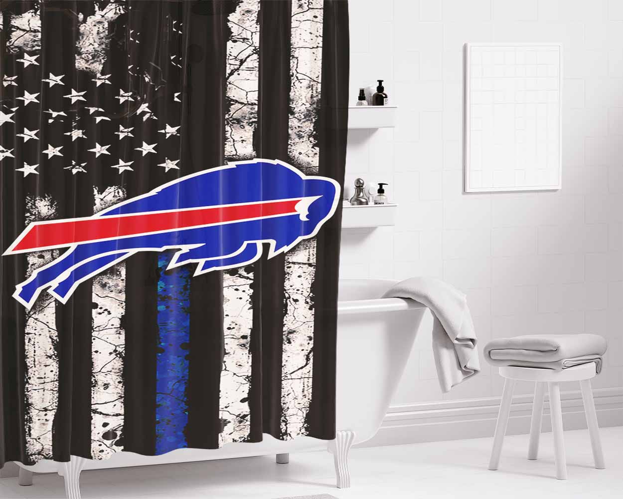 Buffalo Bills Blue Thin Bathroom Shower Curtain Fabric Waterproof | 66 X 72 Inch