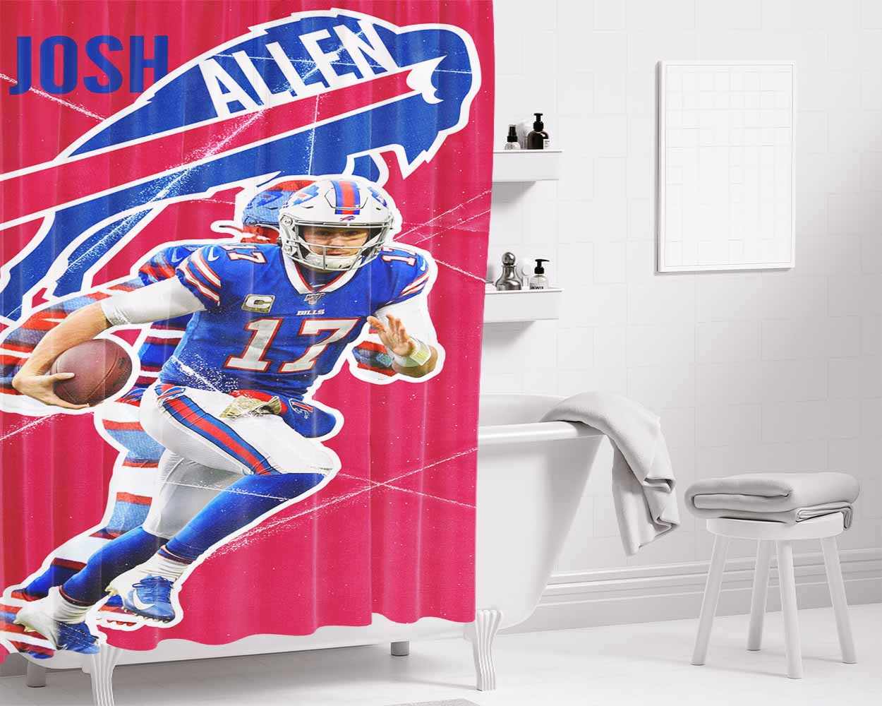 Buffalo Bills Josh Allen Bathroom Shower Curtain Fabric Waterproof | 66 X 72 Inch