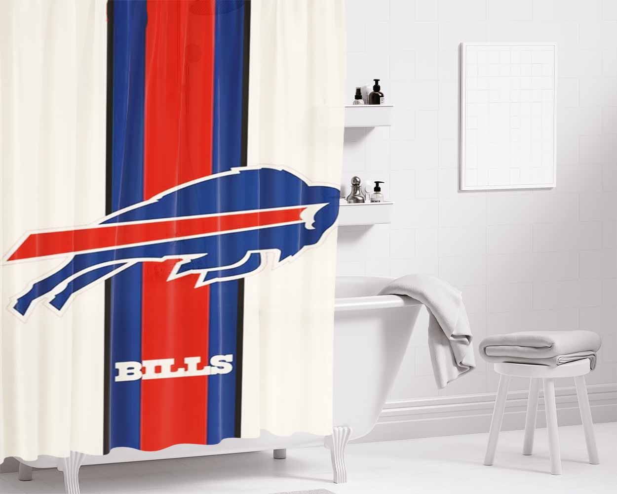 Buffalo Bills White Bathroom Shower Curtain Fabric Waterproof | 66 X 72 Inch