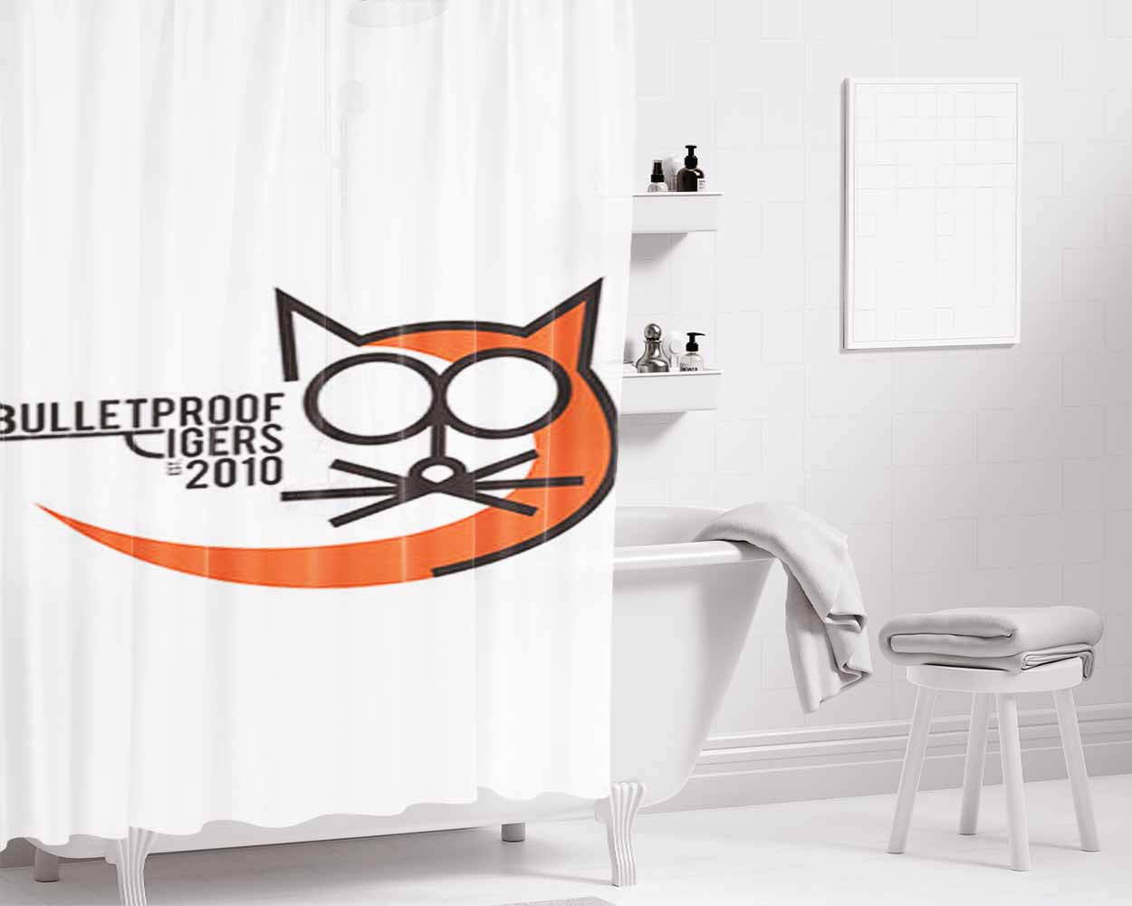 Bulletprof Tigers Baseball Logo White Bathroom Shower Curtain Fabric Waterproof | 66 X 72 Inch