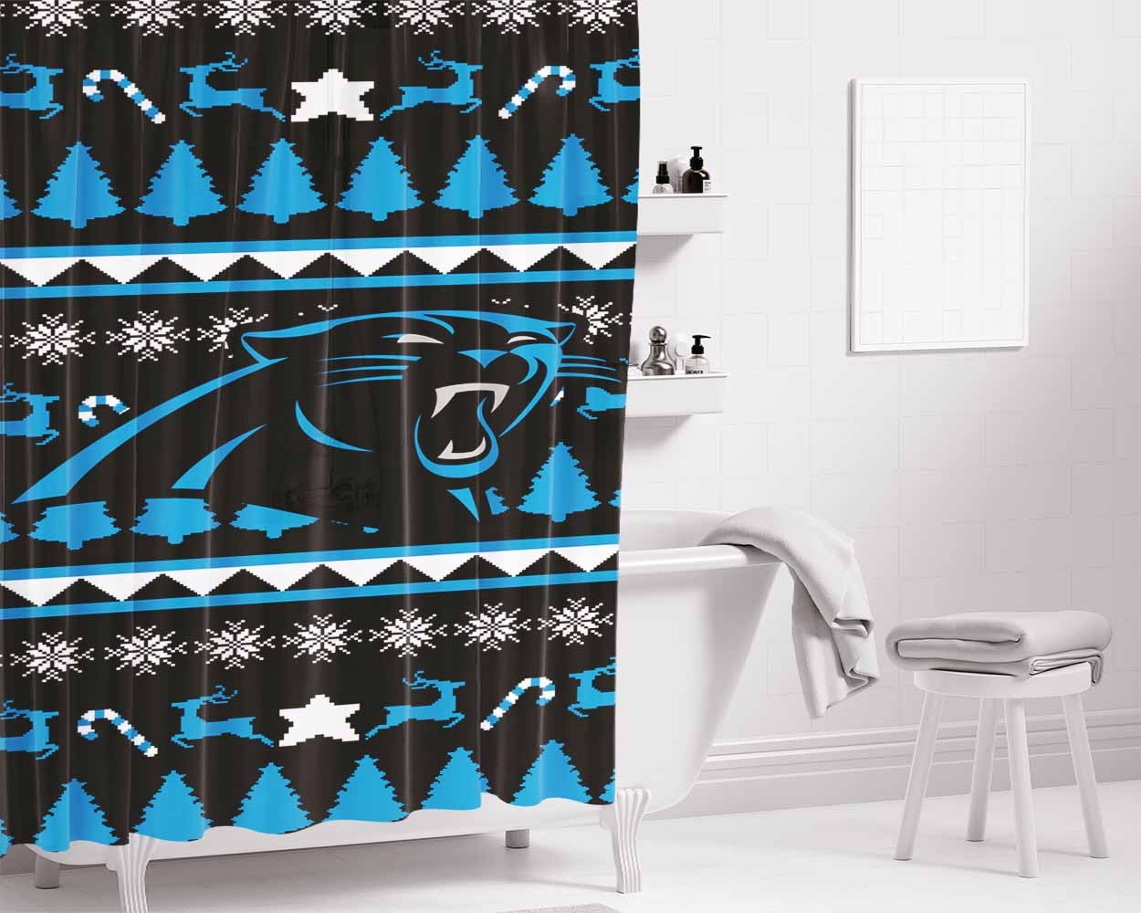 Carolina Panthers Christmas Sweater Bathroom Shower Curtain Fabric Waterproof | 66 X 72 Inch