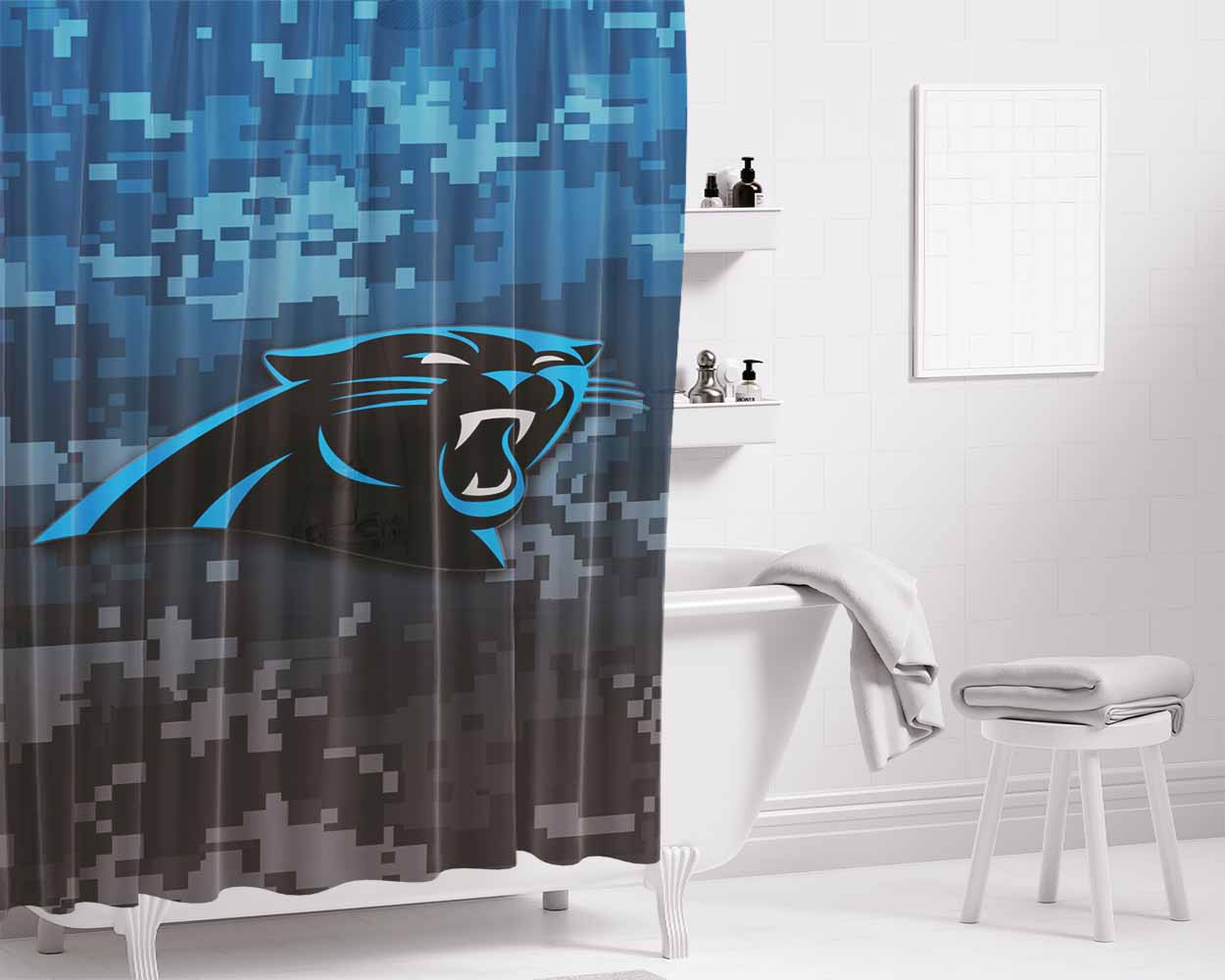Carolina Panthers Logo Camo Bathroom Shower Curtain Fabric Waterproof | 66 X 72 Inch